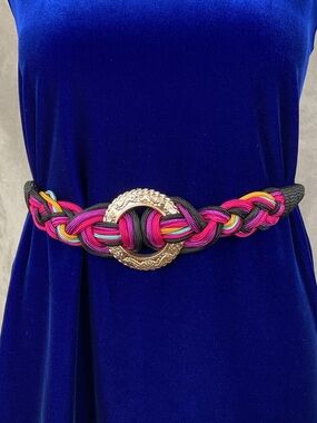 Vintage Woven Rope Belt M/L Gold Tone Ornate Buckle Black Pink Purple Taiwan